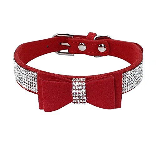 Beirui drahokam Bling kožený obojok pre psa a mačku - červené vločkovité iskrivé diamanty s hrotmi - roztomilý dvojitý ružový mašľový uzol - ideálne na predvádzanie domácich zvierat, svadbu, prechádzky, stredný krk pre 12,5-15