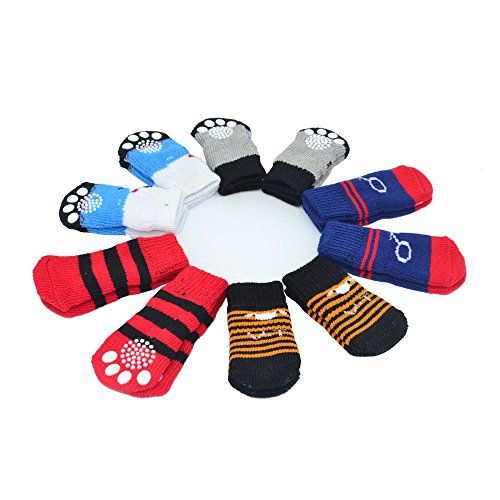 CONXKI Traction Control Baumwollsocken Indoor Hund Rutschfeste Stricksocken 5er Pack (20 Stück Socken), 4 Klettverschlüsse und Farbe abgebildet