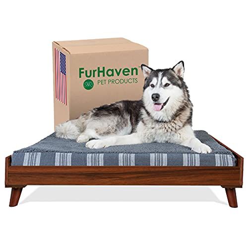 Рамка за легло за кучета Furhaven - рамка за легло в модерен стил от средата на века за легла и матраци за домашни любимци, орех, джъмбо