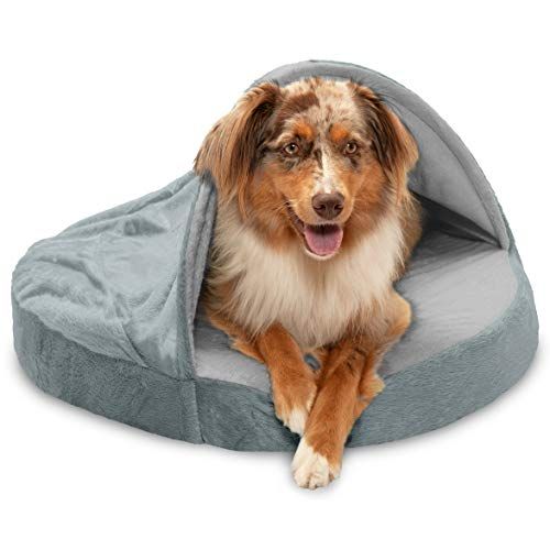 Furhaven Pet Dog Bed - Lit orthopédique rond Cuddle Nest Micro Velvet Snuggery Blanket Burrow Pet Bed avec housse amovible pour chiens et chats, argent, 26 pouces