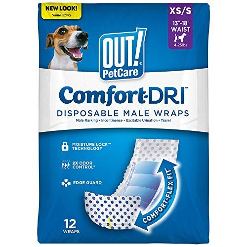 ¡AFUERA! Pañales desechables para perros masculinos para el cuidado de mascotas | Envolturas masculinas absorbentes con ajuste a prueba de fugas | XS / pequeño, 12 unidades