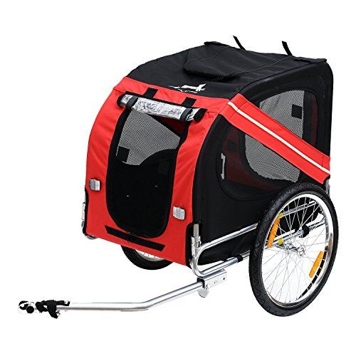Aosom Dog Bike Trailer Количка за домашни любимци Велосипеден вагон Товарен носител Приставка за пътуване с 3 входа Големи колела за офроуд и мрежест екран - червен/черен