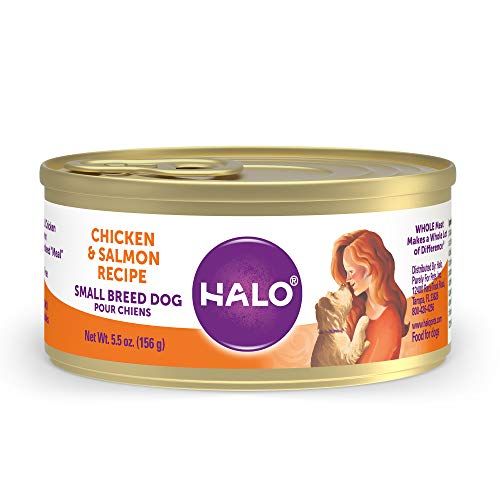 Thức ăn cho chó ướt tự nhiên không có hạt Halo - Công thức giống nhỏ - Công thức thịt gà và cá hồi nguyên con cao cấp và toàn diện - Hộp 5,5oz (Gói 12 con) - Thức ăn cho chó con có nguồn gốc bền vững - Không chứa BPA & Không biến đổi gen
