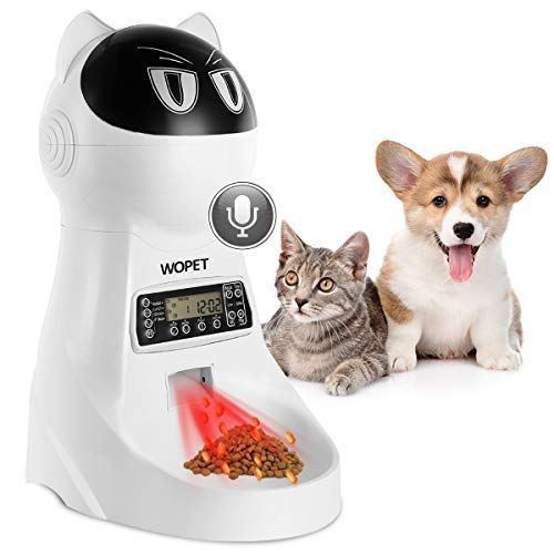 WOPET Автоматична хранилка за котки, хранилка за домашни любимци, автоматична хранилка за котки за кучета, контрол на порции и гласов запис-таймер, програмируем до 4 хранения на ден (бяло-B)