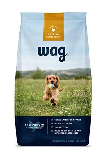 Марка Amazon - Суха храна за кучета Wag за кученца, пиле и леща Рецепта (торба от 15 фунта)