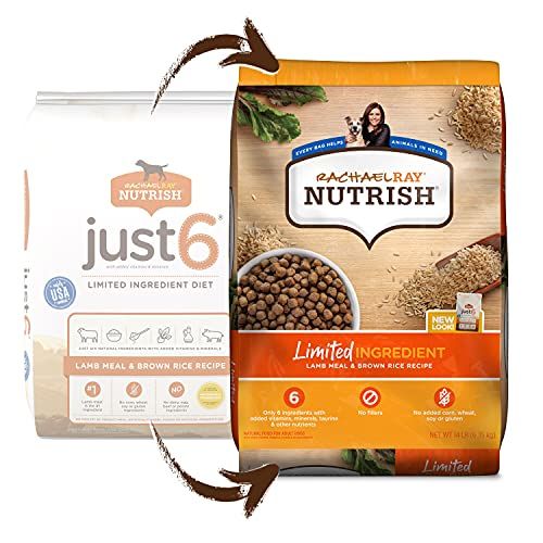 Rachael Ray Nutrish Kun 6 naturlige premium tørfoder til hunde, begrænset kost med lammekød og brun ris, opskrift på 14 lbs