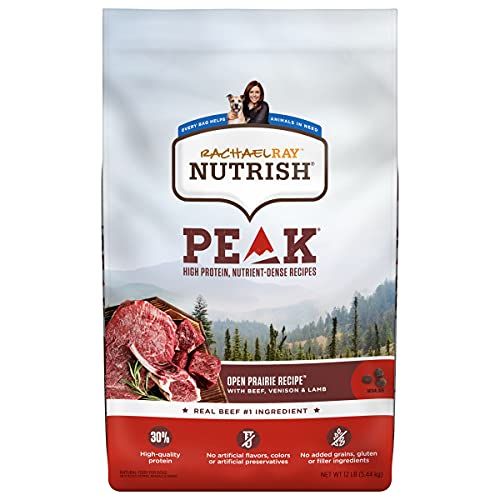 Rachael Ray Nutrish PEAK Nourriture sèche naturelle pour chiens, recette de prairie ouverte avec bœuf, chevreuil et agneau, 12 livres, sans céréales (l
