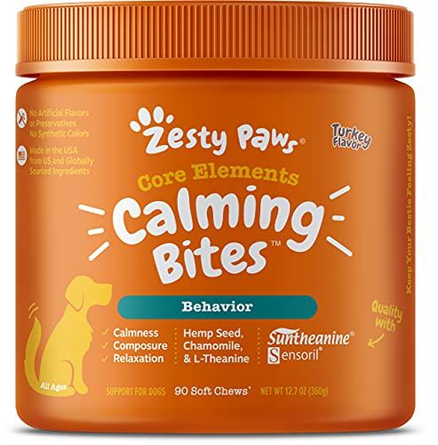Zesty Laws Успокояващи ухапвания за кучета - облекчаване на тревожност Спокойствие със сунтеанин - за стрес при кучета и помощ при отделяне във фойерверки, гръмотевици + дъвчене и лай - вкус на пуйка - 90 броя меки дъвчета