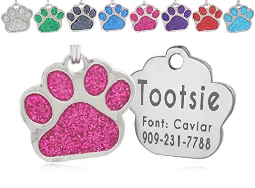io tags Haustier-ID-Tags, personalisierte Hundemarken und Katzenmarken, individuell graviert, leicht zu lesen, niedliche Glitzerpfote Pet Tag (Rosa)