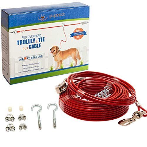 PUPTECK šunų bėgimo kabelis, 100 pėdų sunkaus svorio pririšimo kabelis su 10 pėdų bėgikliu šuniui iki 125 svarų, raudonas