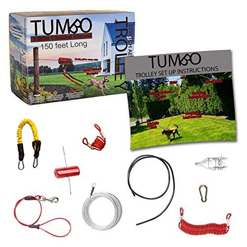 Tumbo количка 150 фута система за задържане на кучета - плътен плъзгач с разтегателен бобинен кабел с антишок банджи (по -безопасни и по -малко заплитания) Въздушна връзка за кучета