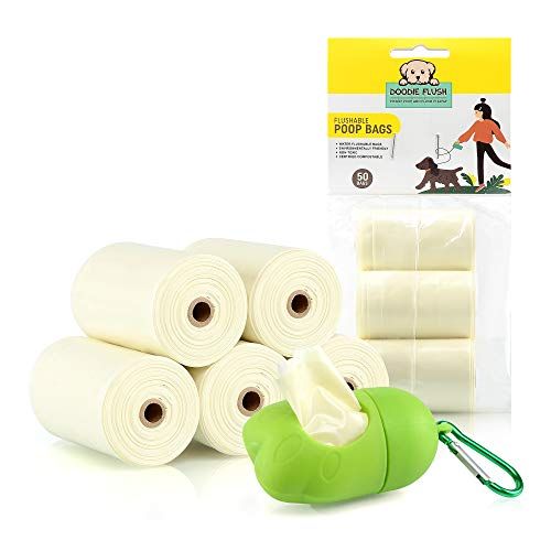Doodie Flush Dog Poop Bag - 50 Биоразградими торби за кучешки отпадъци на ролки с бърз диспенсер за торбички за домашни любимци за каишки - 100% екологично чисти, за миене, ултра дебели, компостируеми чанти за кучета