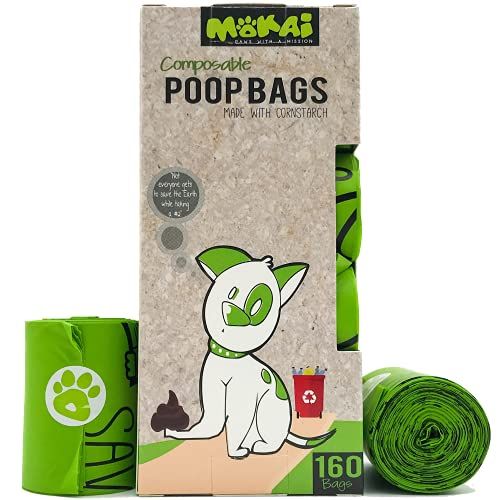 MOKAI Компостируеми и биоразградими торби за какашки кучета, направени с царевично нишесте | Големи екологично чисти торби за отпадъци на кучета, сертифицирани 100% компостируеми и биоразградими (160 торби за отпадъци за домашни любимци)