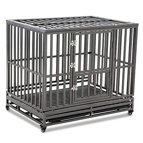 LUCKUP Heavy Duty Dog Cage Vahva metallikenneli ja -laatikko keskikokoisille ja suurille koirille, lemmikkieläinten leikkikehä, jossa on neljä pyörää, helppo asentaa, 42 tuumaa, musta