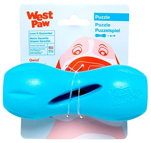 West Paw Zogoflex Qwizl Dog Puzzle Treat Toy-Интерактивна играчка за дъвчене за кучета-Разпределя лакомства за домашни любимци-Ярко оцветени пъзели за кучета за агресивни дъвчащи, Fetch, Catch, Non-Toxic, S, Aqua