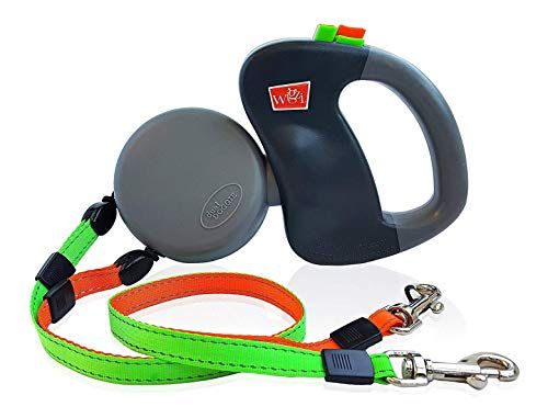 WIGZI (2) Светлоотразителна прибираща се каишка за домашни любимци с две кучета - патент на 360 градуса с нулева плетеница - две кучета всяко до 50 lbs и 10ft. Отразяващи оранжеви и зелени води. Двойно заключване