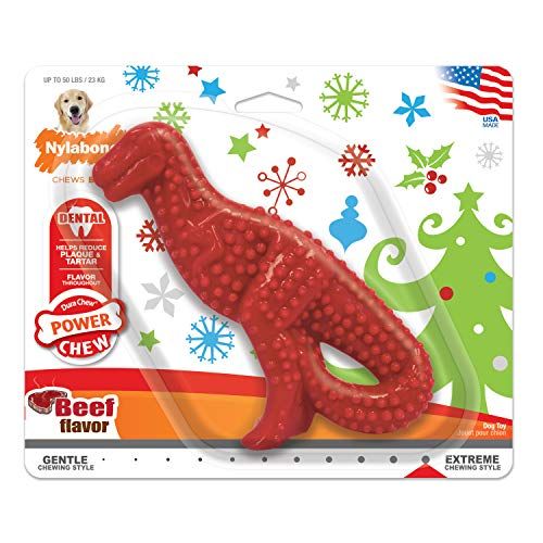 Nylabone Power Chew Holiday Dinosaur Chew Toy للكلاب بنكهة اللحم البقري كبير / عملاق - حتى 50 رطلاً.
